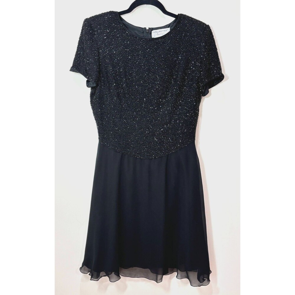 Adrianna Papell Black Beaded Midi Dress with Short Sleeves
